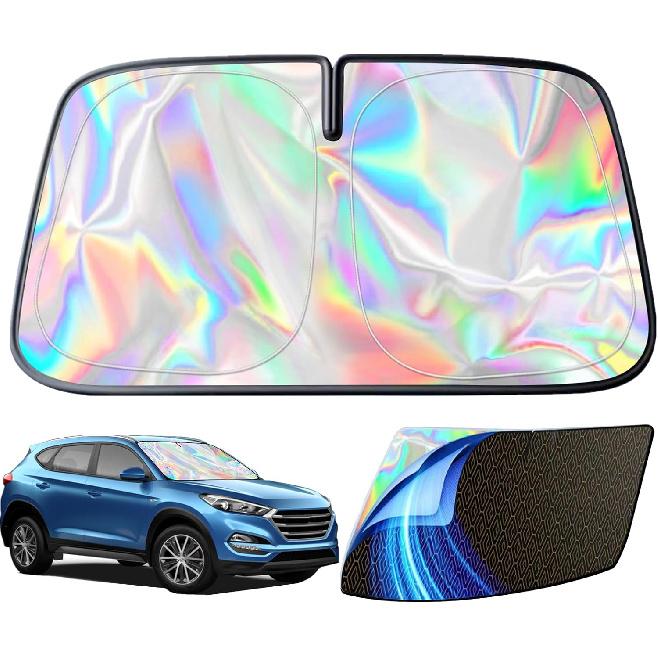 Car Windshield Sun Shade,5-Layer Reflective Blocks UV & Heat,Heavy Duty Foldable Sunshade With Metal Frame, Iridescent Color Keep Car Interior