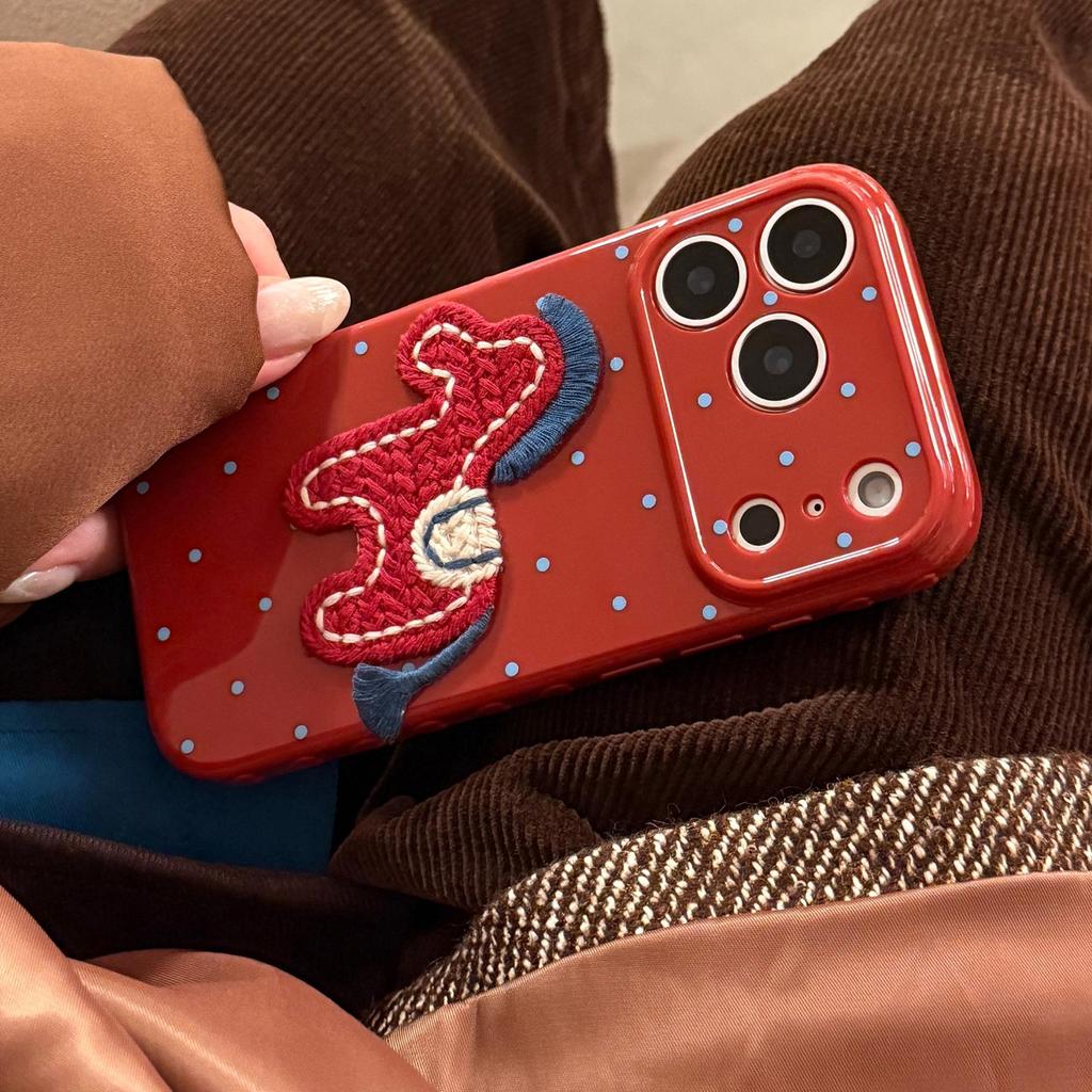 Wine Red Polka Dot Embroidered Horse Phone Case for iPhone 17 Pro Max, iPhone 16, and iPhone 13 with Drop Protection
