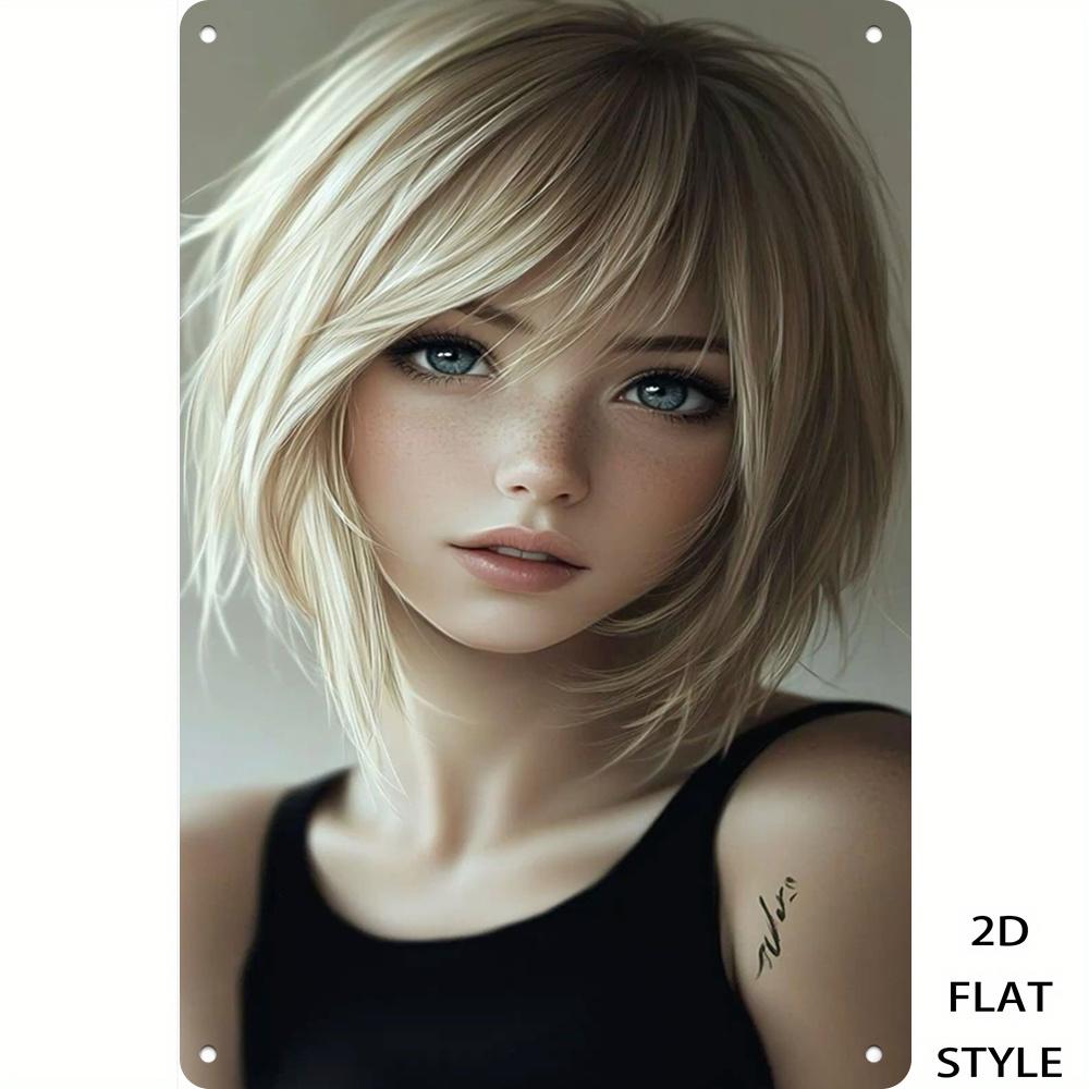 D Flat Metal Sign Anime Girl Blonde Short Hair Aesthetic Dark Wall Art Home Decor 20x30cm(7.8x11.8inch)