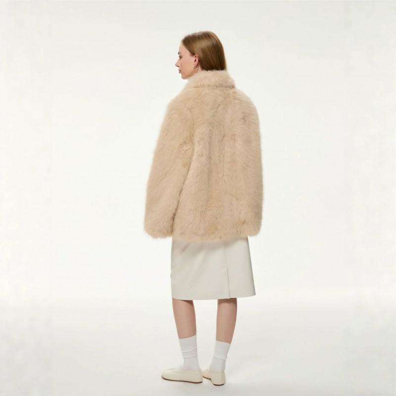 Elegant Vintage Cream Fluffy Fur Coat Women Cute Mid-Length Fall Winter Outerwear