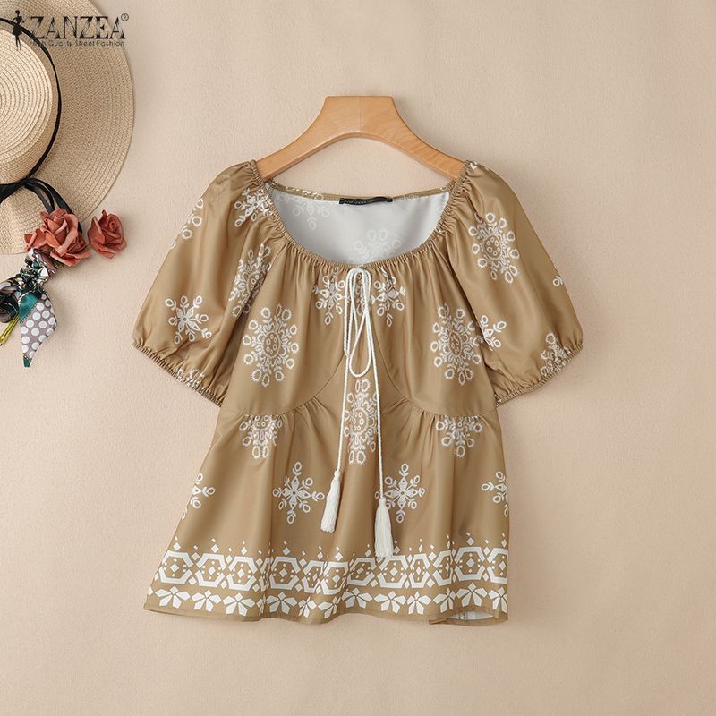 ZANZEA Women Casual Round Neck Loose Short Sleeve Summer Print Blouse