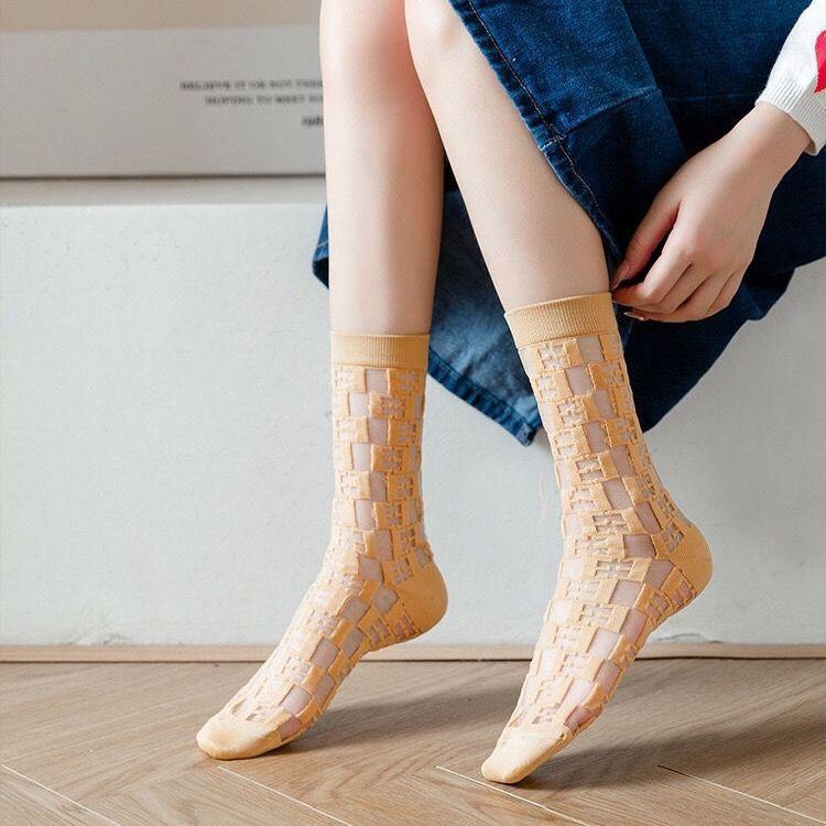 5 Pairs Women's Pile Socks Thin Cotton Bottom Crystal Socks Transparent Black Silk Middle Tube Letter Glass Silk