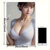 HD Metall Blechschild Atemberaubendes Asiatisches Mädchen im Hellgrauen V-Ausschnitt Crop Top Vintage Poster Lässiger Fitness Stil Wandkunst Dekor für Zuhause
