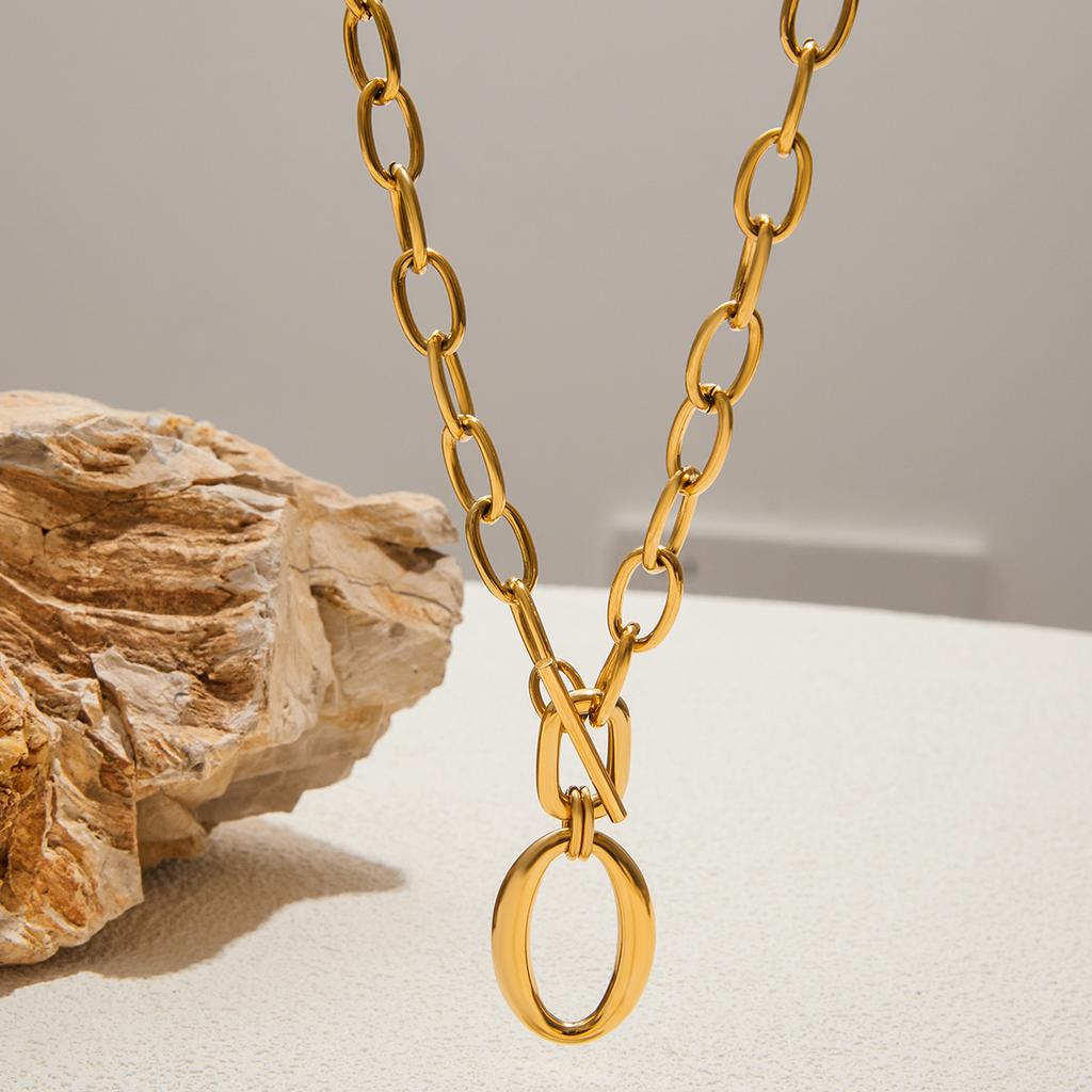 Youthway Minimalist Style Splice Chain Design Necklace Stainless Steel  Gold Color O Shape Pendant Ot Clasp Women'S Necklace