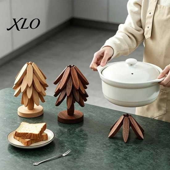 Folding Wooden Potholder Collapsible Trivets for Hot Dishes, Christmas Tree Shaped Pot Mat Table, Wood Heat Eco Friendly Kitchen Accessory Resistant