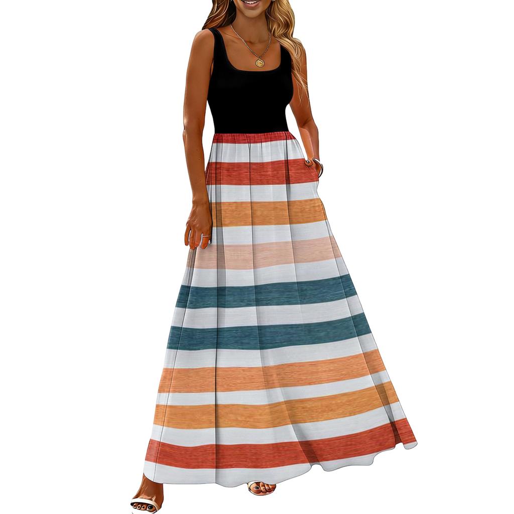 Ladies' striped printed summer casual and fashionable sleeveless long dress