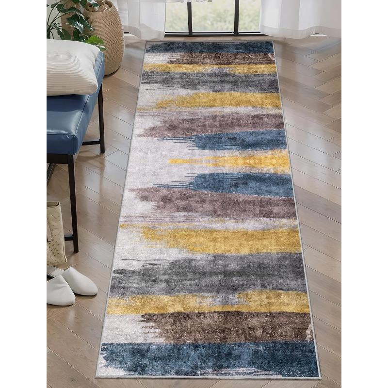 Covor Runner cu Dungi Colorate Textură Artistică Covor cu Pensulație Modern Abstract Covoraș Antiderapant pentru Hol Living Dormitor