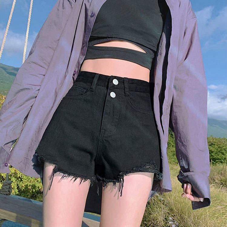 

Классическая и минималистская мода универсальные летние женские свободные широкие тонкие джинсовые шорты с двумя пуговицами А-силуэта с рваными краями индивидуальность 2XL чёрный