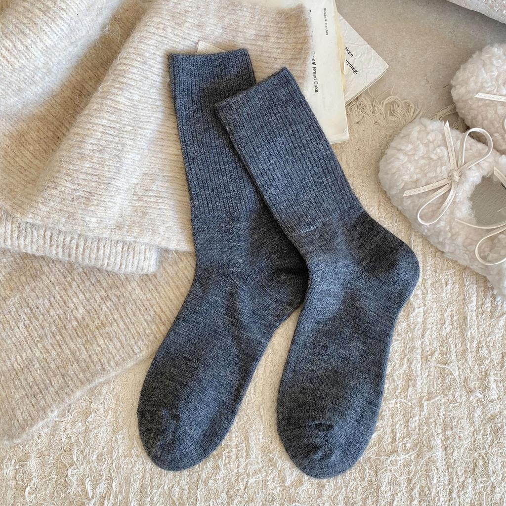 Female Autumn and Winter Style Warm Retro Solid Color All Match Pinstripe Wool Long Stack Socks