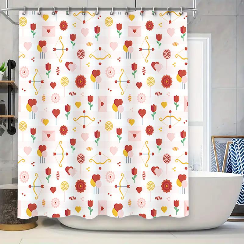 

Valentine S Day Shower Curtain Set: Love Heart Arrow Design Pattern For Bathroom Decor White Red Color Home Decoration Waterproo W60H190(CM)-1 Pcs