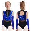 Kids Dance Leotard with Gloves Mock Neck Cutout Back Sparkling Sequins Color Block Performance Outfit