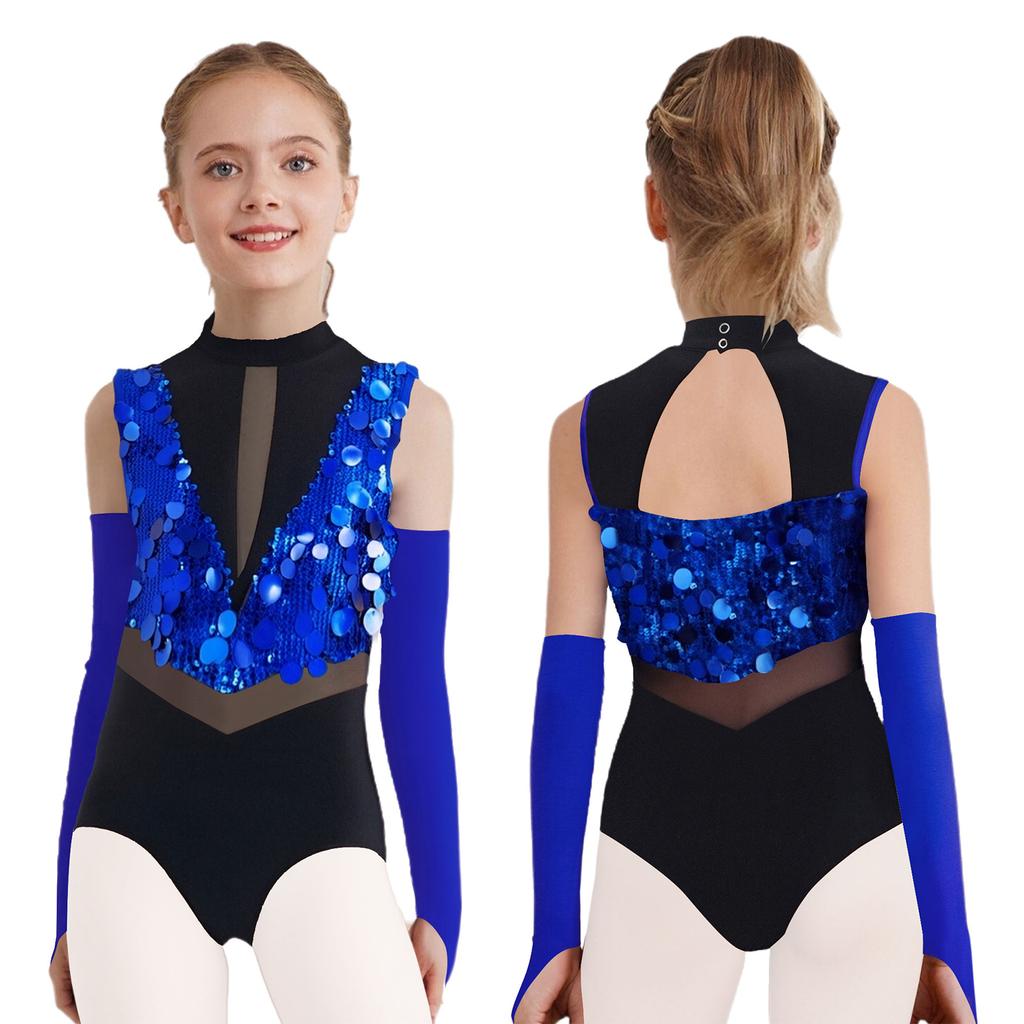 Kids Dance Leotard with Gloves Mock Neck Cutout Back Sparkling Sequins Color Block Performance Outfit