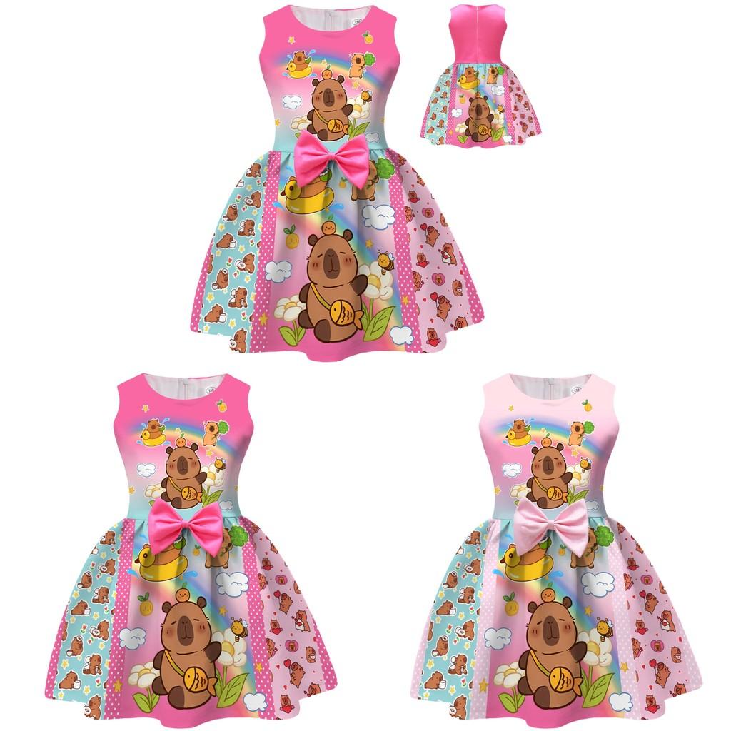 Vestito per Bambina Cartoon Capibara con Gonna Pieghettata in Misto Cotone per Età da 3 a 8 Anni