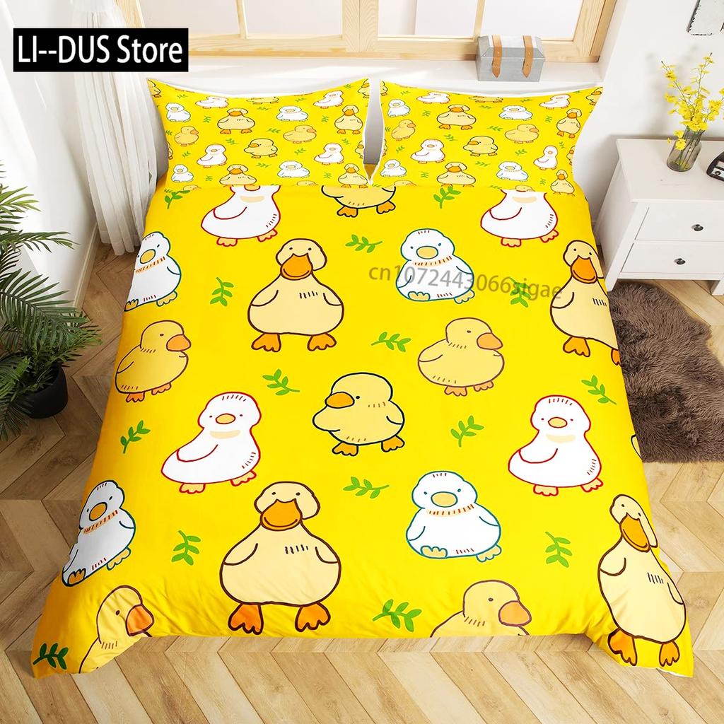 Housse de couette canard de dessin animé pour enfants garçons filles Kawaii canard avec couronne fleurs ensemble de literie housse de couette animal avec 2 taies d'oreiller