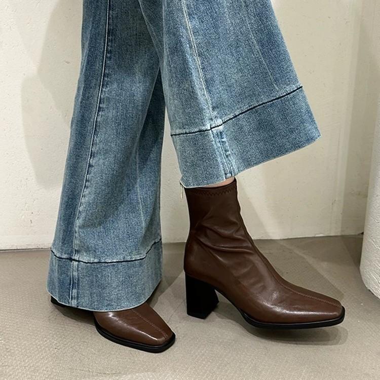 High Heel Square Head Skinny Boots Short Boots Women's Thick Heel Retro Martin Boots British Short Boots Single Boots