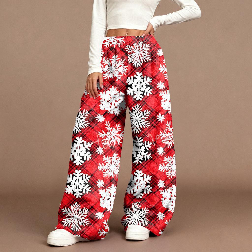 Women's Casual Fashion Christmas Print Elastic Waist Loose Plush Wide Leg Pants