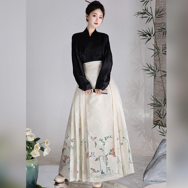 Women Ming Dynasty Hanfu Set Floral Bird Mamian Skirt Jacquard Plane Sleeve Top Traditional Chinese Outfit