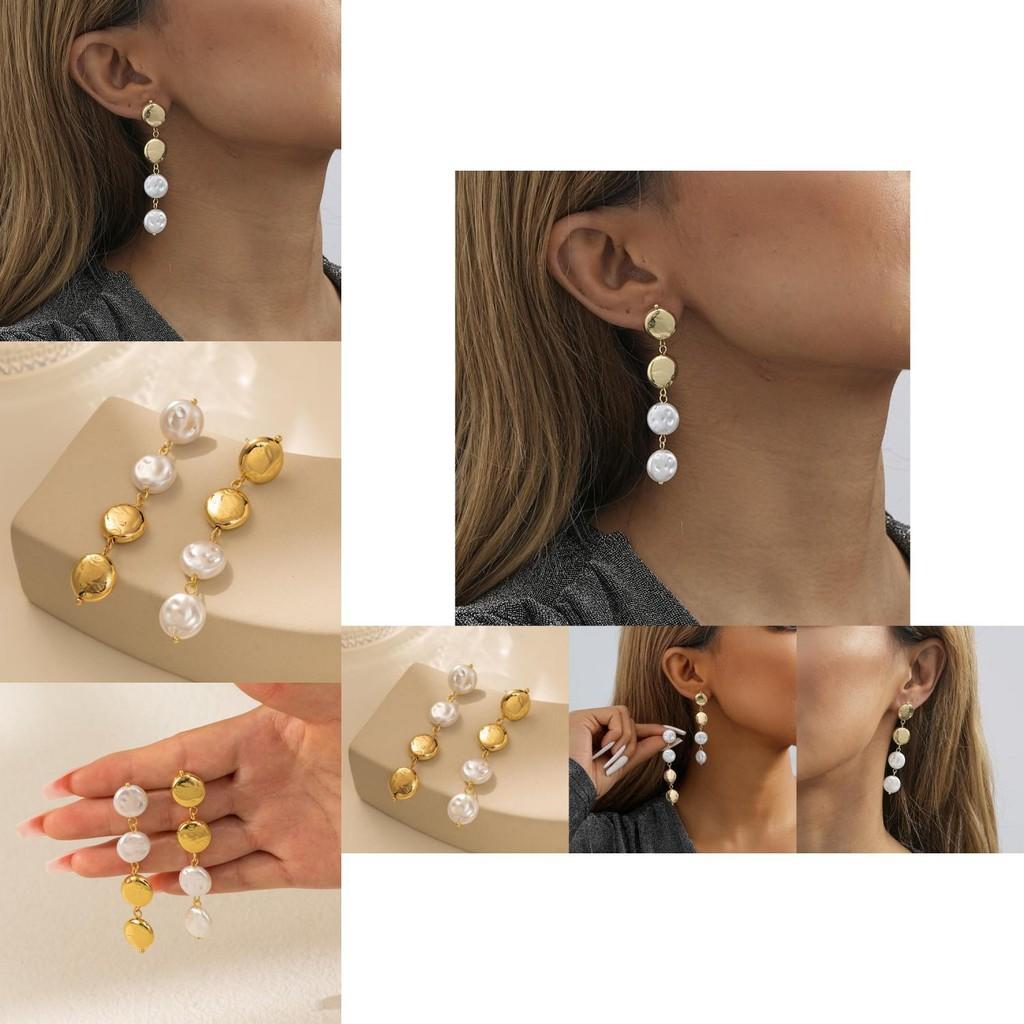 Chic Long Gold Round Pearl Earrings Minimalist Geometric Design For Women 2023