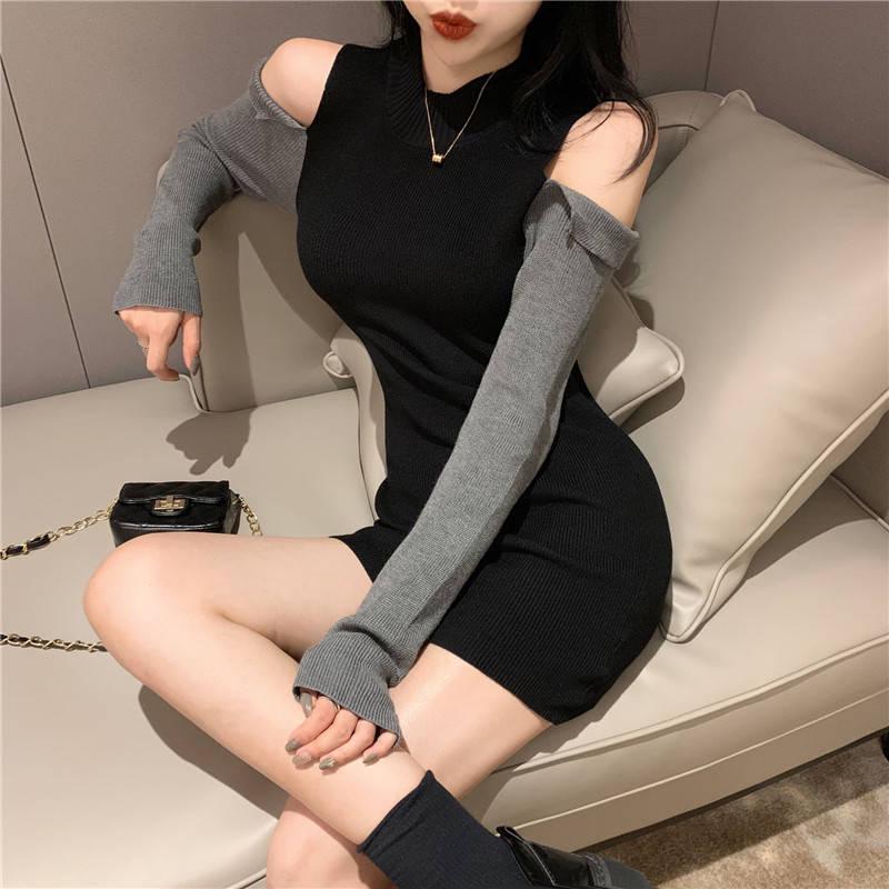 Colorblockové pulovry Módní ležérní sexy svetr Dámská slim mikina