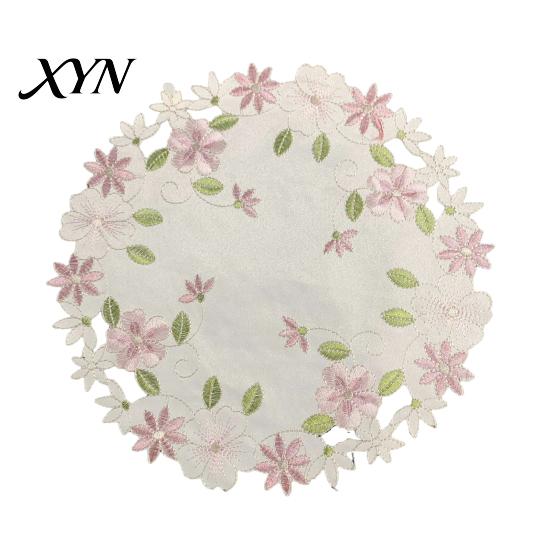 Kitchen Table Accessory Embroidered Flower Placemat, Round Floral Coaster Heat Resistant Durable Fabric Placemat Protector Mat for Dining Cup