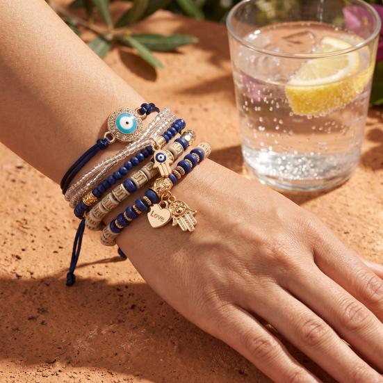 6Pcs/Set Women Bracelet Bohemia Style Elastic Rope Beads Bracelet with Palm Charm Adjustable Length Multi-layer Stackable Bracelets