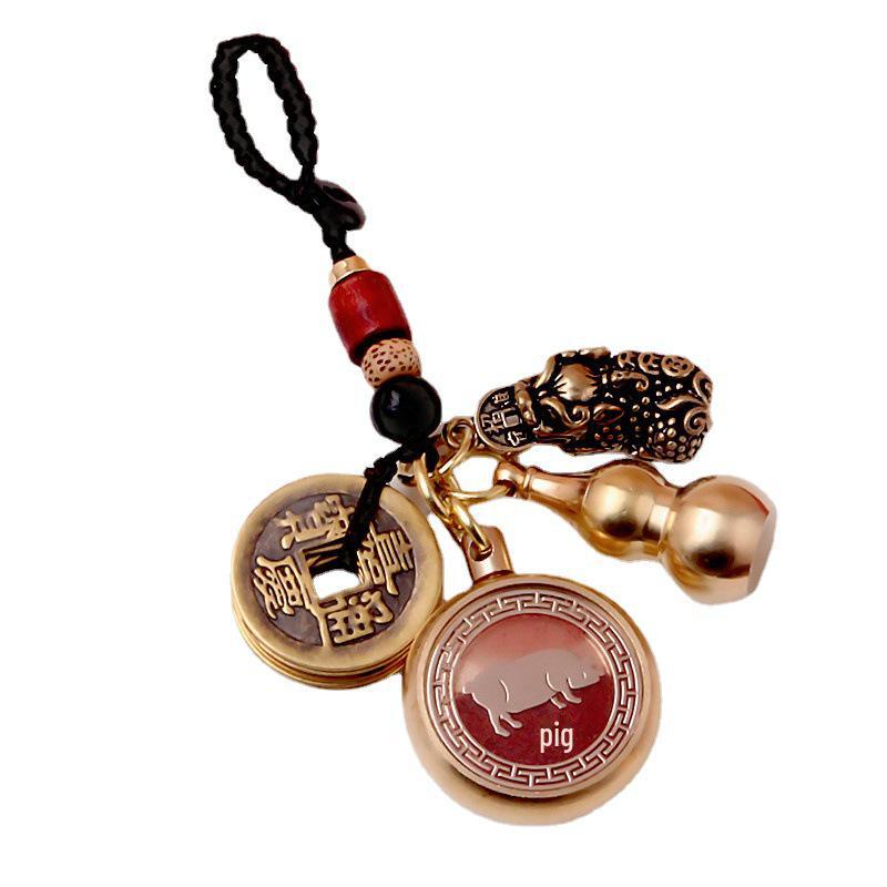 Mosazný přívěsek Pixiu Zodiac Key s pěti císařskými mincemi a pleteným provazem Fortune