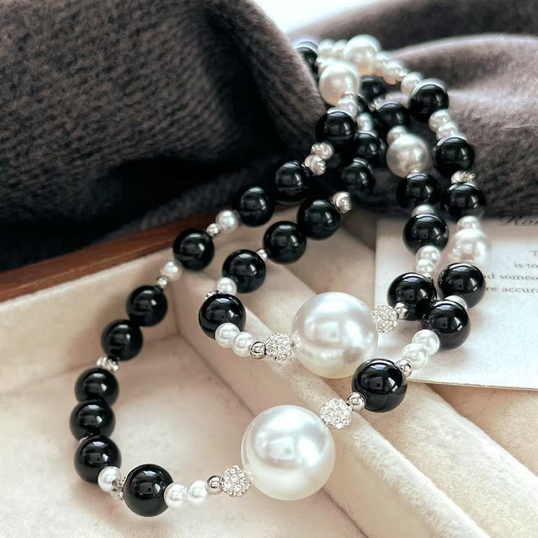 10Mm Vintage High Quality Maillard Artificial Crystal Pearl Natural Black Agate Necklace Clavicle Chain