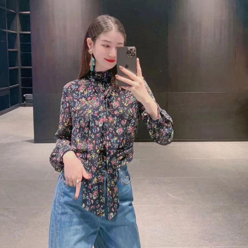 Mall 1116 Women's Spring and Autumn New Versatile Temperament Retro Floral Ribbon Long Sleeve Shirt 1111911