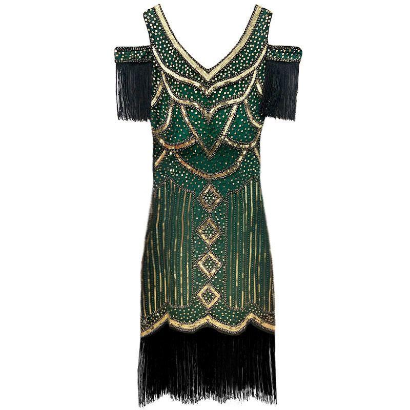 1920S European and American Retro Evening Dress with Tassels, High-End Banquet Party Sequin Beaded Dress, Halloween Dropshipping Green Gold XXL