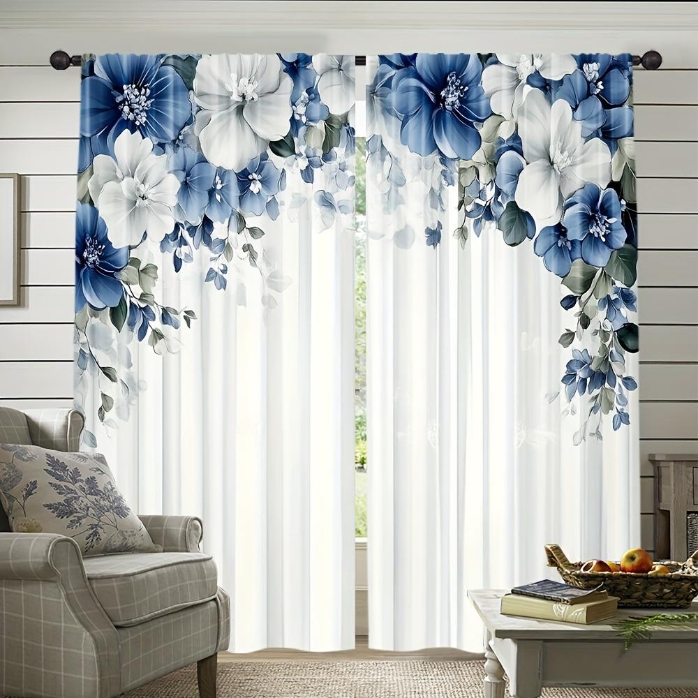 2 Pcs Elegant Blue & White Floral Curtains – Rod Pocket Design for Bedroom Living Room Kitchen Study   All-Season Home Decor