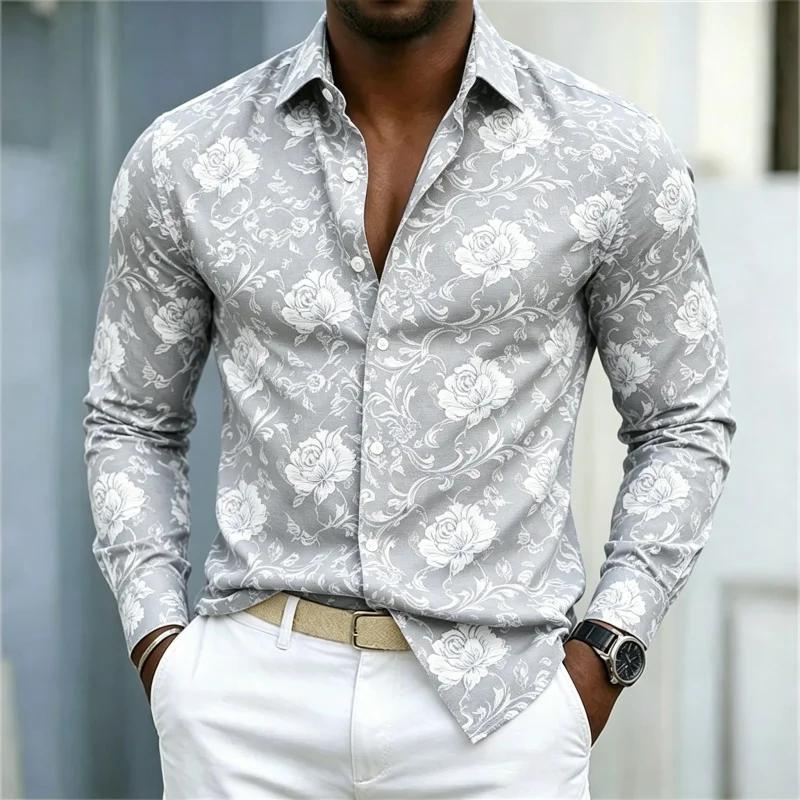 2026 new men's shirt European and American style red rose floral shirt men's slim fit long sleeved vacation casual style
