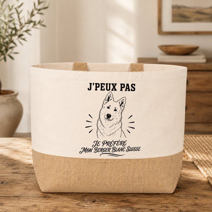 Sac J’peux pas je préfère mon Berger Blanc Suisse J'peux pas minimaliste | Cabas en Coton avec Fond Jute 18 L 48 × 37 × 13 cm