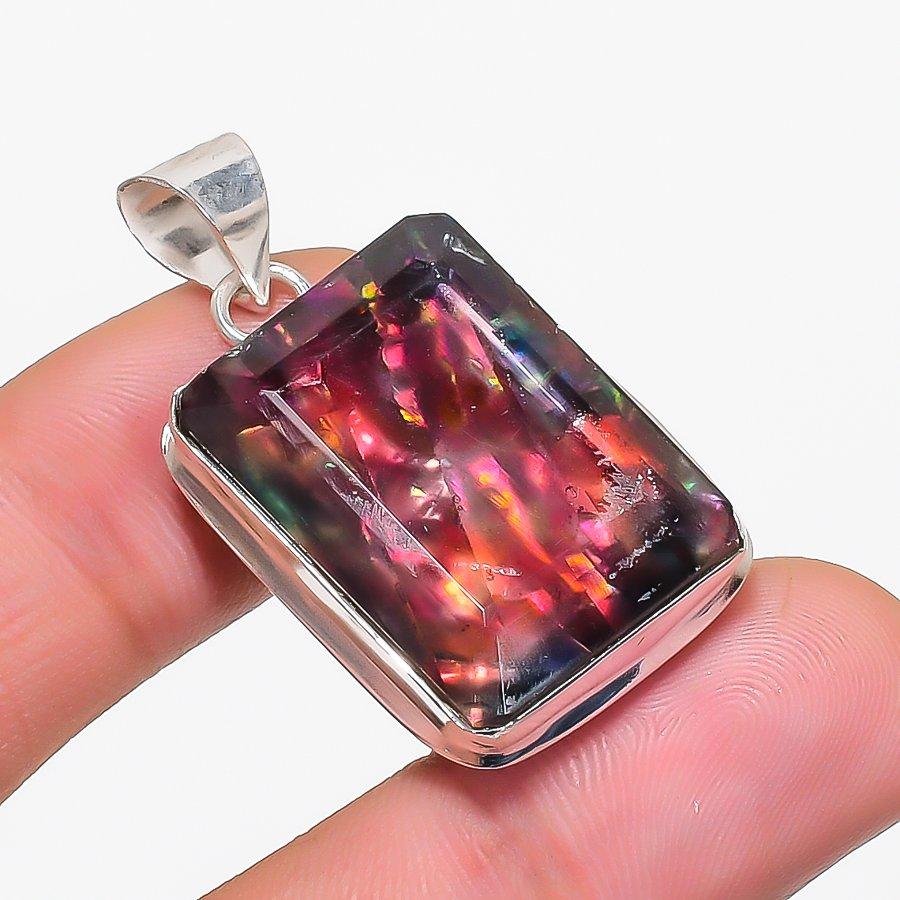 Ammolite Gemstone Handmade 925 Sterling Silver Jewelry Pendant 1.58" KJ-1588