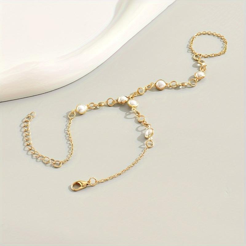 Fashion Retro Faux Pearl Double Layer Beaded Metal Finger Bracelet For Women