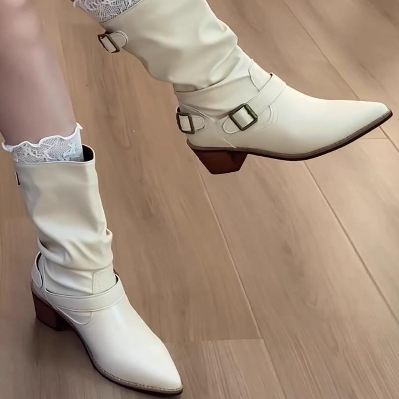 Fashion Belt Buckle Block Follower Boots Women's Fashion Pointed Toe Sleeve Pleated Anti-Slip Wear-Resistant Medium Heel