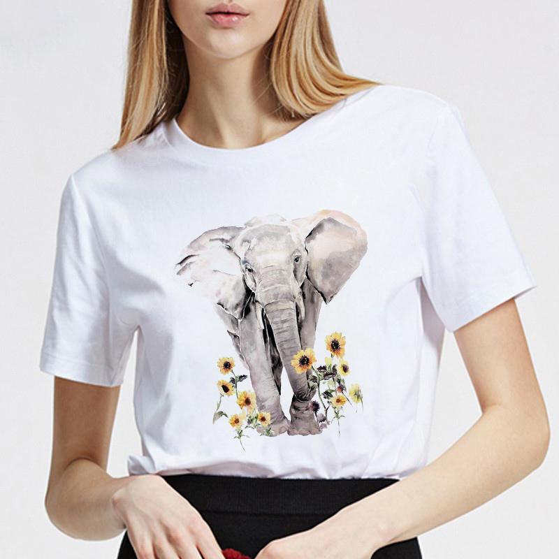Women Tshirt Summer Round Neck Basic Cartoon Elephant Streetwear Trend Style 90S Short Sleeve Lady Clothes Female Tee Tops