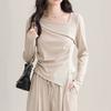 Women Brown Square Neck Ruched Asymmetrical Hem Long Sleeve Top