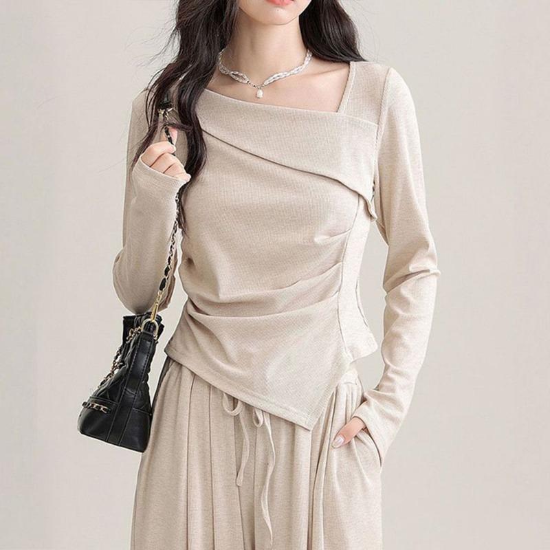 Women Brown Square Neck Ruched Asymmetrical Hem Long Sleeve Top