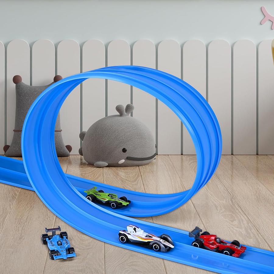 Plastikowy elastyczny tor wyścigowy Ra dla dzieci z 12 przyssawkami i 4 żółtymi uszczelkami Kompatybilny z 4 metalowymi pojazdami odlewanymi 1:64 Samochody