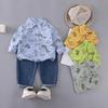 Boys' Dinosaur Print Two-Piece Set: Lapel Long Sleeve Top & Elastic Denim Pants