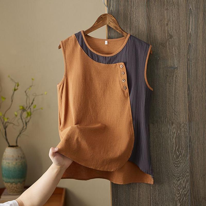 Women Color Block Sleeveless Top Round Neck Side Button Casual Loose Fit Linen Blend Tank Top