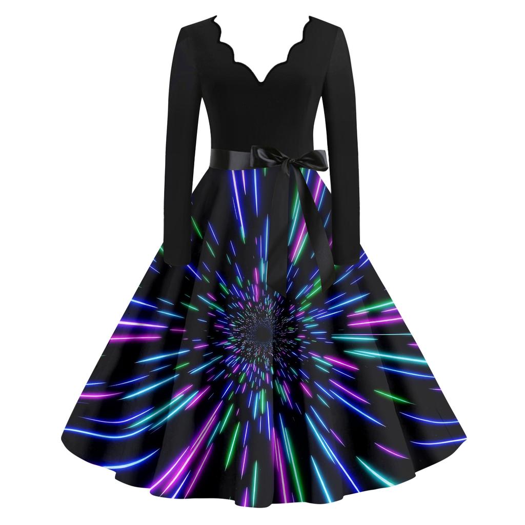 Dámské ležérní módní novoroční potištěné šaty s výstřihem do V ve vintage stylu