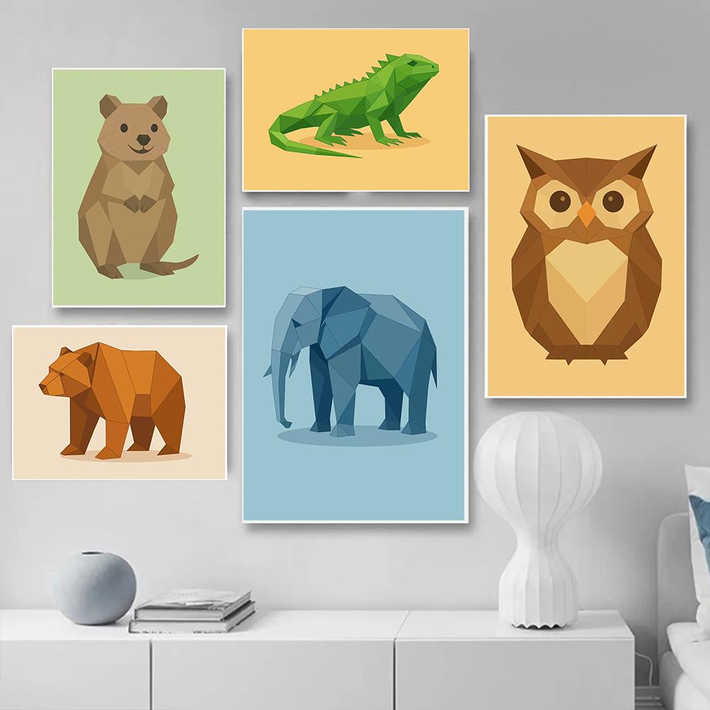 Abstract Geometric Stereoscopic Cute Animal Posters Jaguar Penguin Bear Prints Canvas Painting Wall Art Picture Home Room Decor