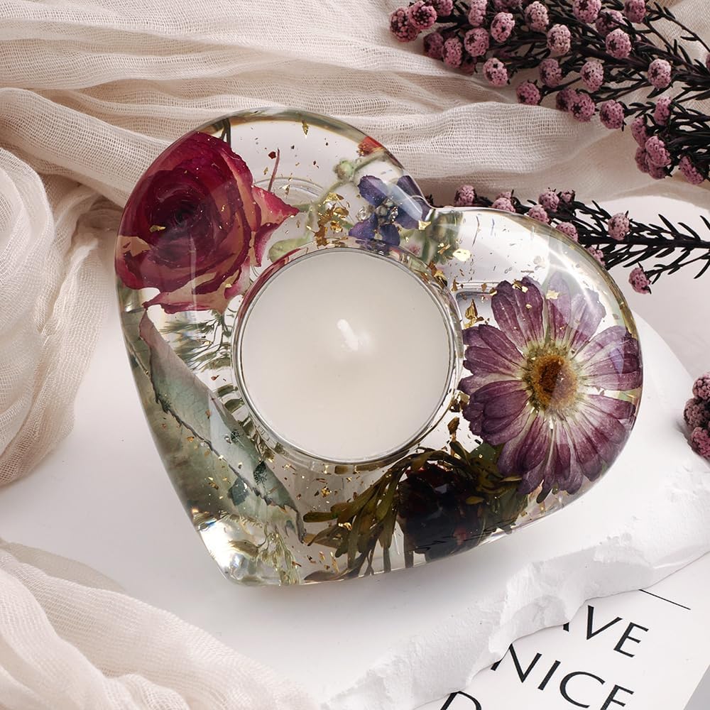 2 Pcs Heart Shaped Candle Holders Epoxy Mold DIY Candlestick Resin Casting Silicone Tealight Mold for Trinket Container Art Craft Making Home Decor,