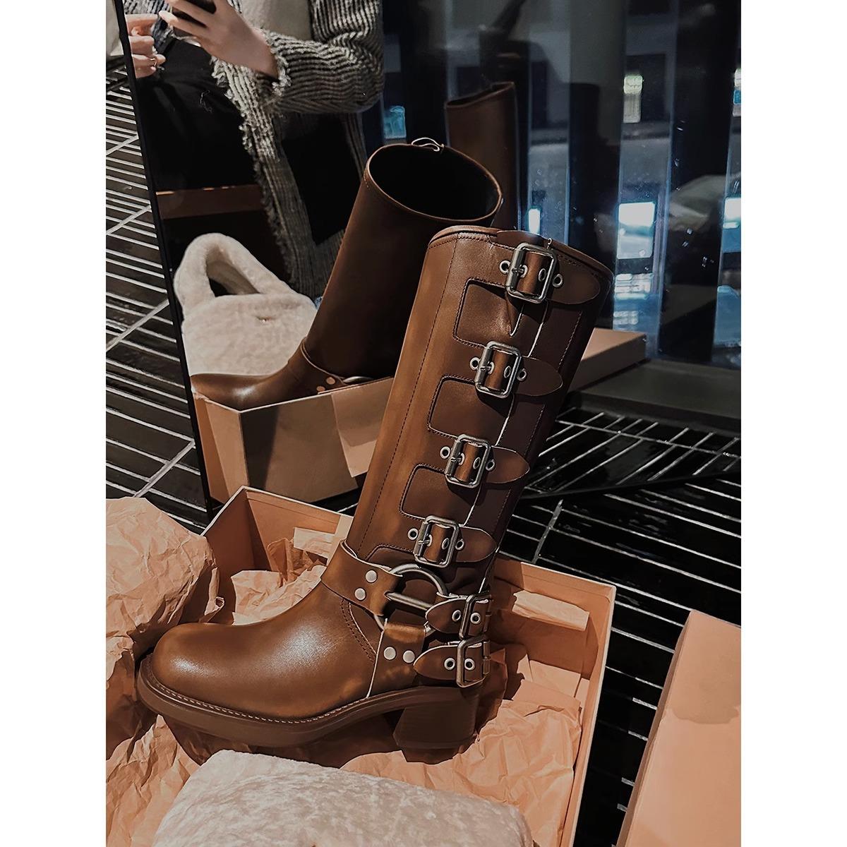 New thick heel tall knight boots women s leather retro brown locomotive boots long boots western cowboy boots single 35 5667₽