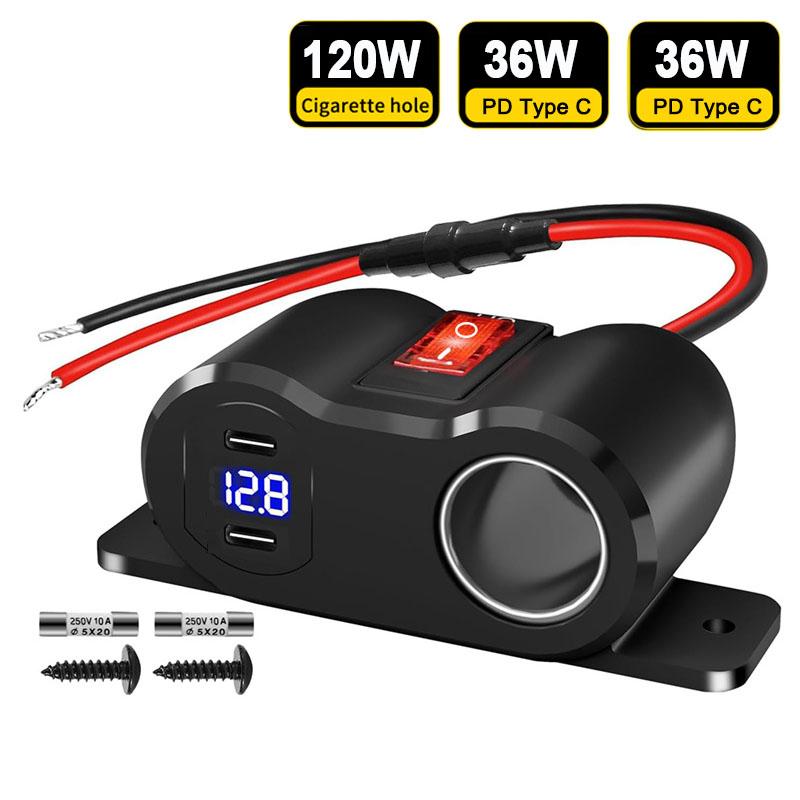 Car Phone Charger Adapter PD QC3.0 Socket 120W Cigarette Lighter Power Adapter Fast Charging 12/24V with Voltmeter On/off Switch