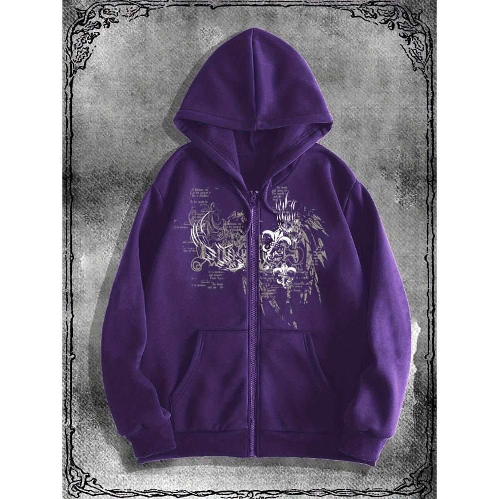 Men's Unique Gothic Zipper Hoodie - Black with White Gothic Art Print, Casual Streetwear Hoodie Bold Pattern Design, Durable Fabric