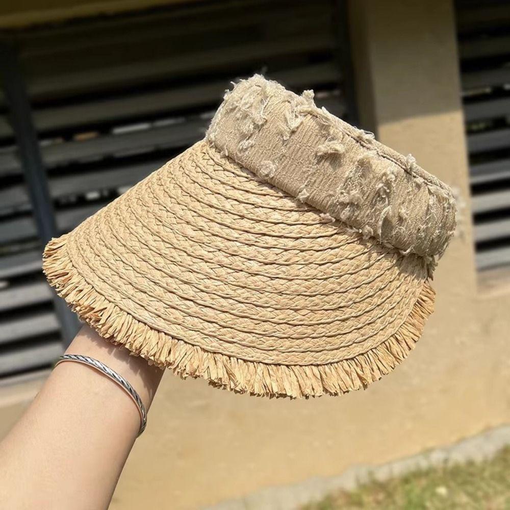 Hollow Empty Top Straw Hat Woven Straw Women's Sun Hats Folding Sunshade Hat  Beach Vacation
