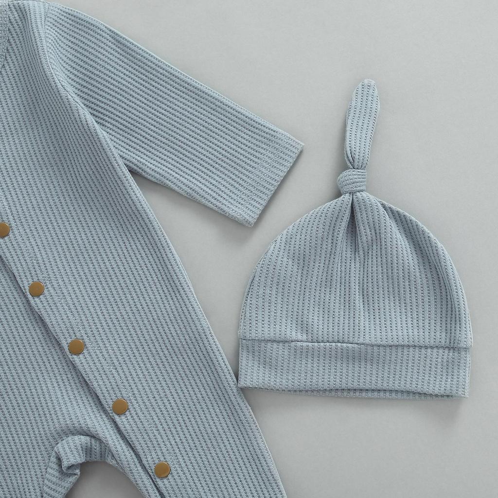 Nou-născut fetiță băiat salopetă Body cu mânecă lungă Waffle Footie Salopetă Onesie Toamna Iarnă ținută Haine cu pălărie