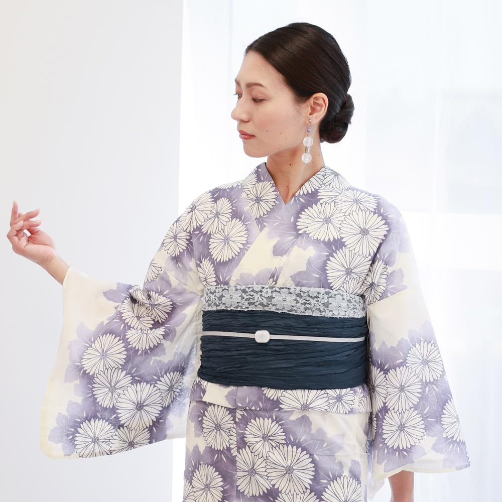 Kyoto Kimono Yuzen Women's Yukata Set (2-Piece Set) with Obi, Floral Print, White, Modern, Purple, and Chrysanthemum Design